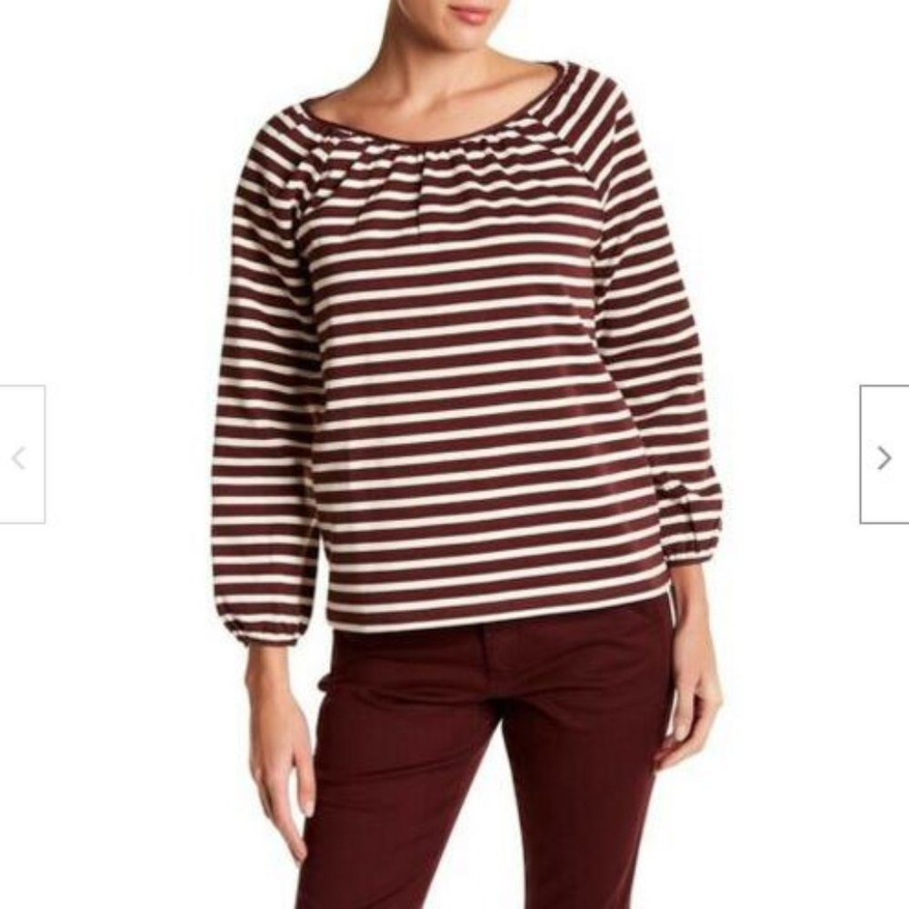 J. Crew F8812 100% Cotton Merlot White Stripe Tie Back Peasant Muslin Shirt Sz